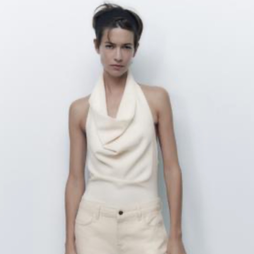ZARA HALTER NECK BODYSUIT BEIGE 2157/256/710 XS COWLNECK OFF WHITE ECRU TOP